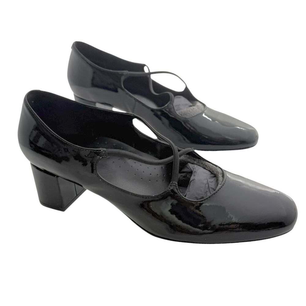 Trotters Demi Black Patent Leather Shoes Women 10.5 Strappy Heels Dance Work New
